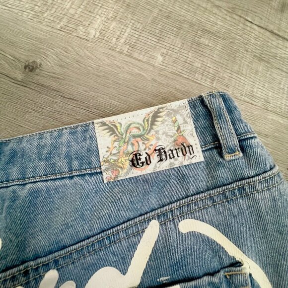 Ed Hardy-Love Eternal-Jean Denim Shorts-Light Vintage Blue-Heart/Flower-Size 30 - Picture 12 of 14
